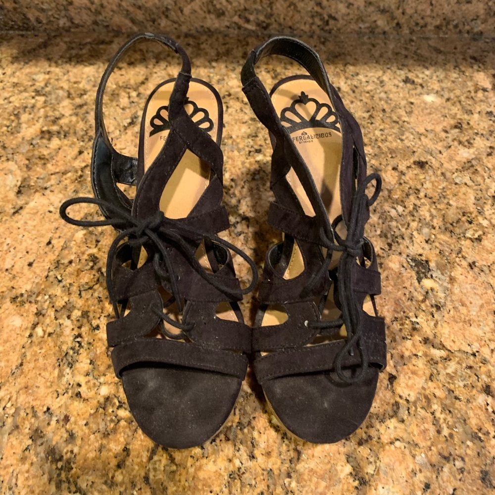 Cork Wedge with Black Suede Tie. Size 7.5.